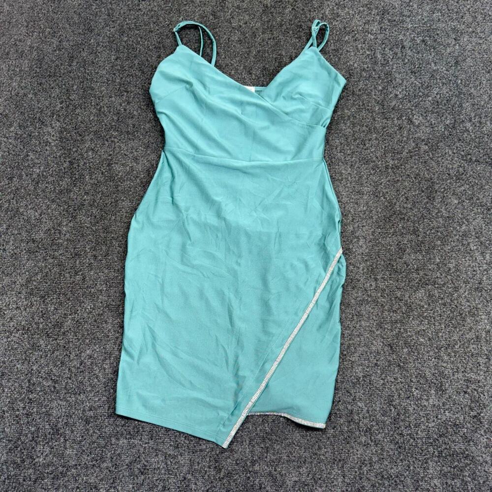Haley & June Mini Dress Womens Medium Aqua Blue Bodycon Spaghetti Strap V Neck